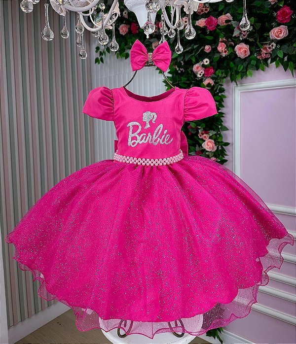 Vestido Infantil Barbie Pink Glitter Temático Luxo