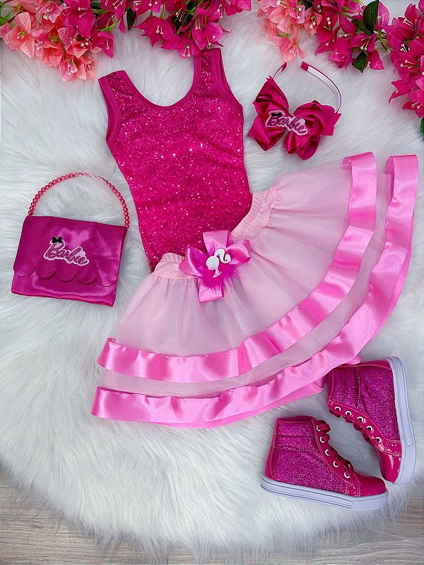 Fantasia Infantil Barbie Rosa Body Saia Rosa Com Broche Luxo
