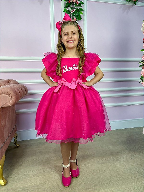 Vestido Infantil Tematico Barbie Rosa Babado Pink