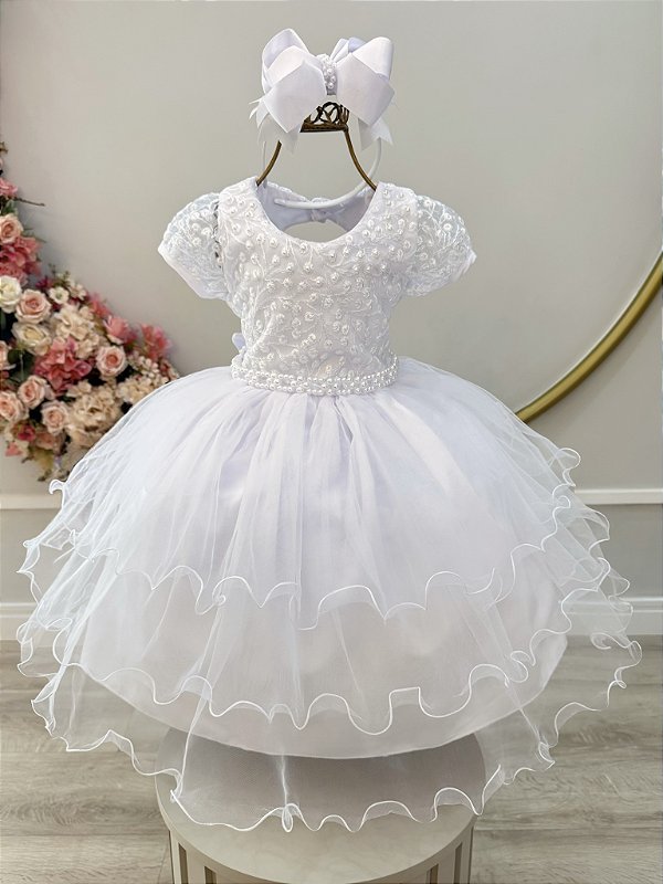 Vestido Infantil Branco Renda e Pérolas Daminhas Festas