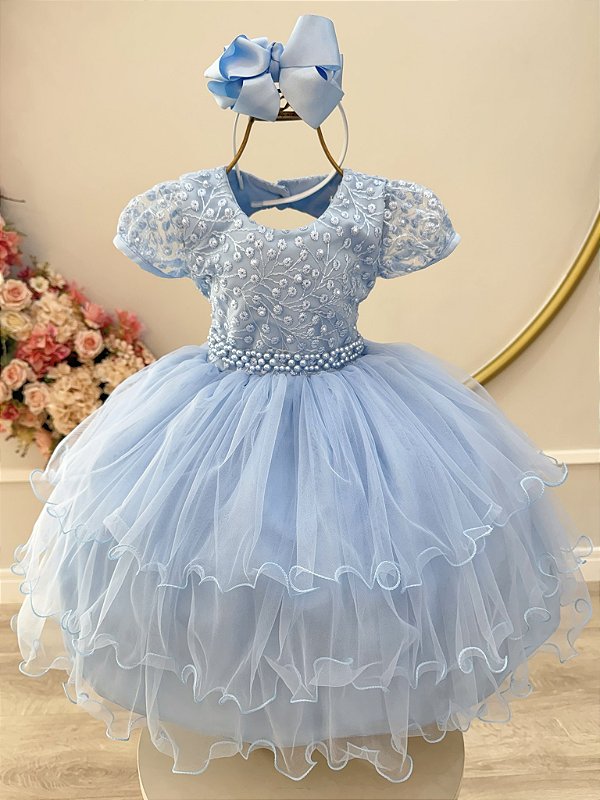 Vestido Infantil Azul Busto Renda e Pérolas Daminhas Festas