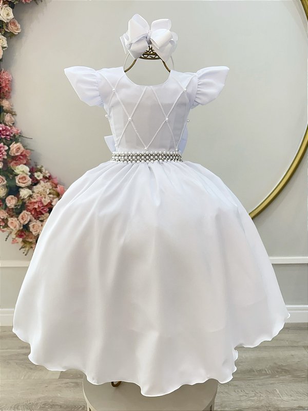 Vestido Infantil Branco Nervura com Pérolas Cinto Luxo