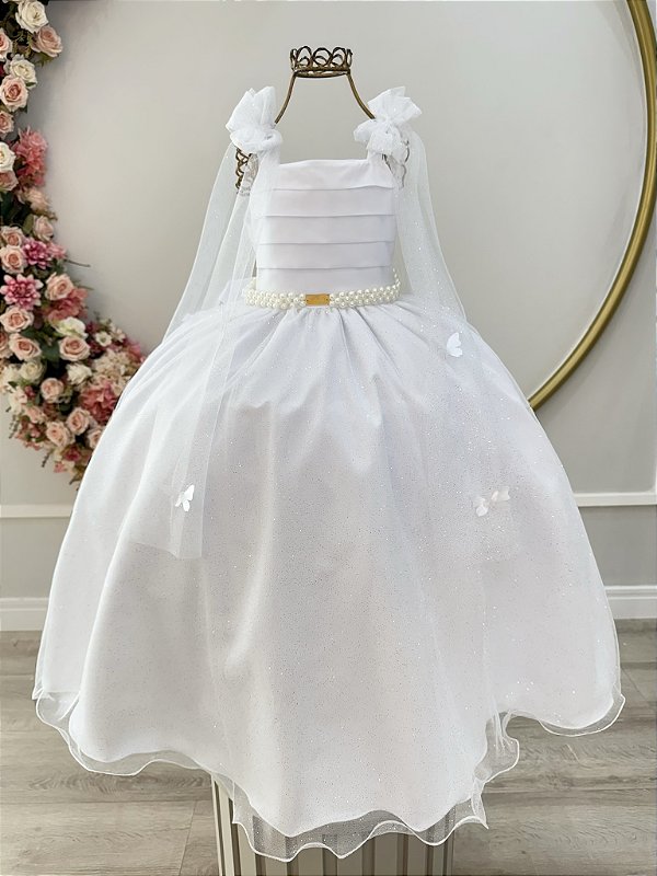 Vestido Infantil Longo Branco Formatura Aplique de Borboletas Festas