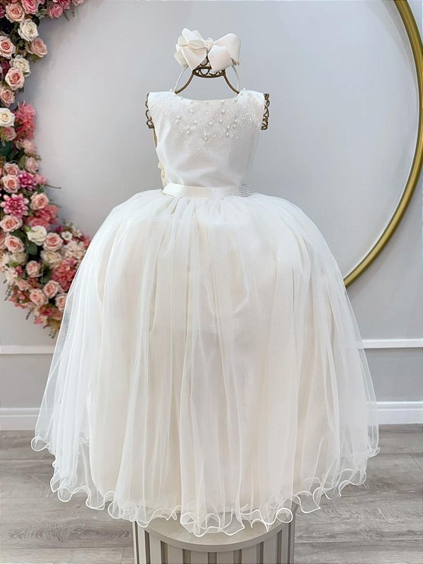 Vestido Infantil Damas de Honra Longo Marfim Festas Luxo