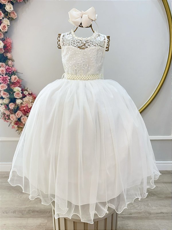 Vestido Infantil Longo Off White Renda e Pérolas Damas Luxo