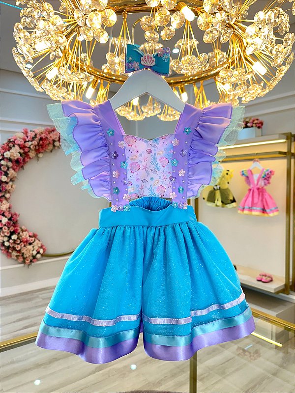Romper Vestido Ariel Fundo do Mar Sereia Acompanha o Laço Lilás Luxo