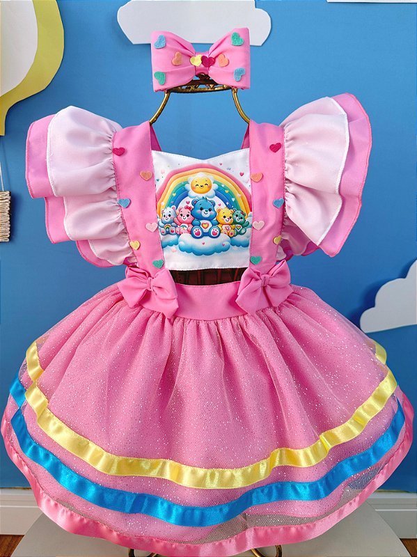 Romper Vestido Ursinhos Carinhosos Rosa Laço Festas Luxo