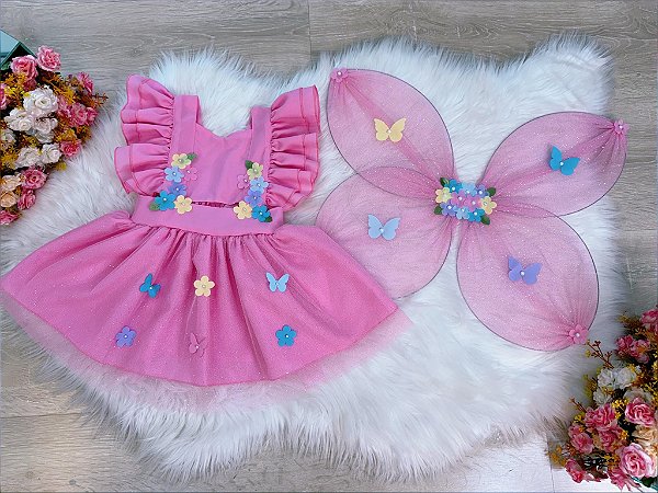 Romper Vestido Infantil Jardim Encantado Borboletas Rosa + Asa 2 Peças
