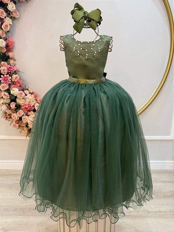 Vestido Infantil Longo Verde Oliva Damas de Honra Pérolas Luxo