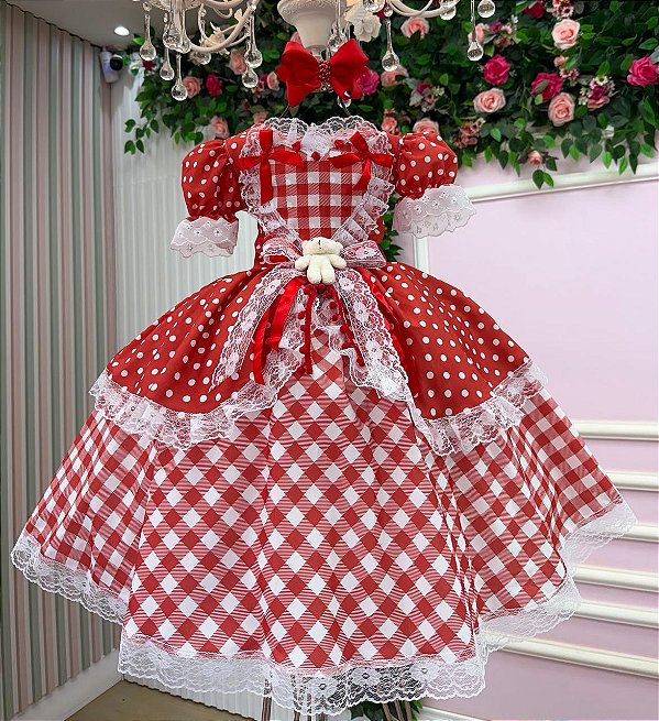 Vestido Junino Luxo Ursinho do Sertão Vermelho