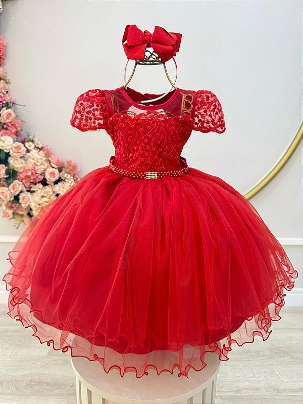 Vestido Infantil Vermelho Busto Renda e Bordado Damas Luxo