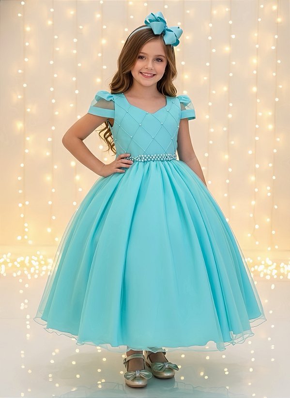 Vestido Infantil Longo Verde Busto Nervura Pérolas Damas