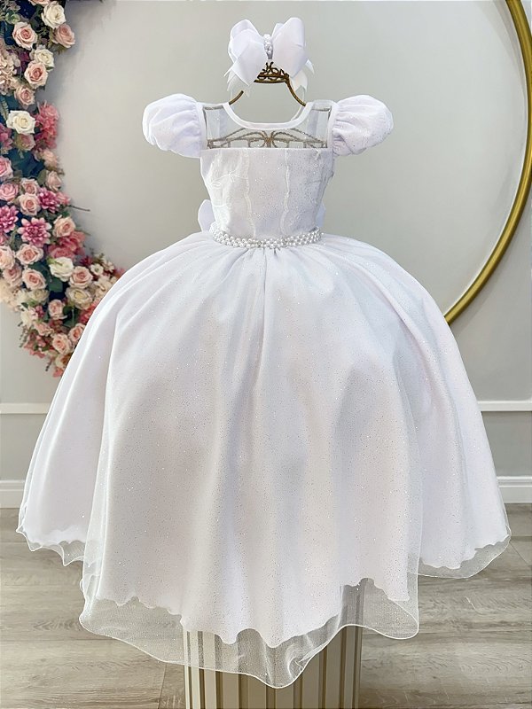 Vestido Infantil Longo Branco Busto Nervura Pérolas Damas