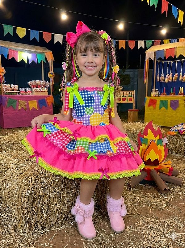 Vestido Junino Luxo Encanto da Roça Rosa Neon