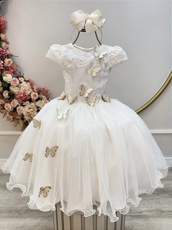 Vestido Infantil Marfim Com Renda e Borboletas Dama Festas