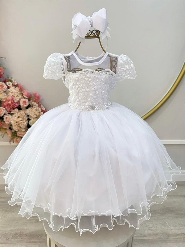 Vestido Infantil Branco Busto Renda Bordado Damas Luxo