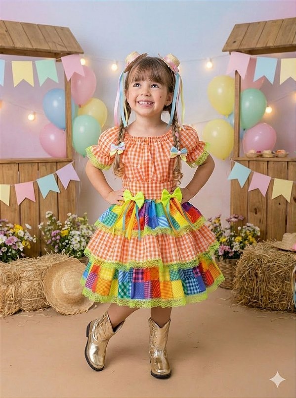 Vestido Junino Infantil Luxo Quermesse do Sertão Laranja