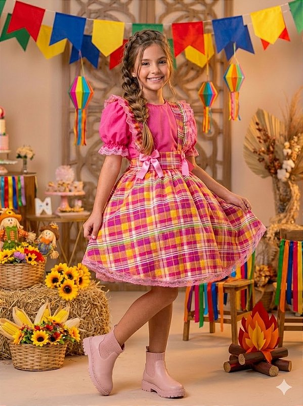 Vestido Junino Infantil Salopete Rosa Quadrilha Luxo Arráia