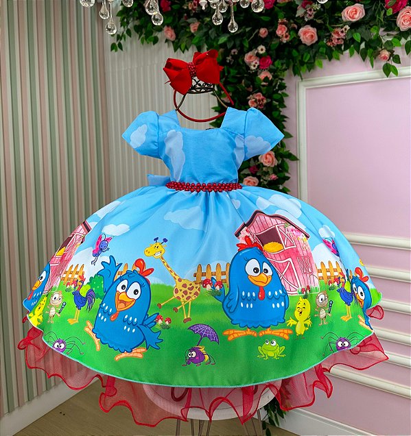 Vestido Infantil Galinha Pintadinha Azul Temático