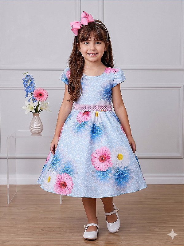 Vestido Infantil Azul Florido Com Cinto de Pérolas