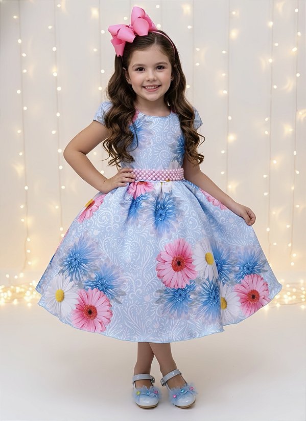 Vestido Infantil Azul Florido Com Cinto de Pérolas