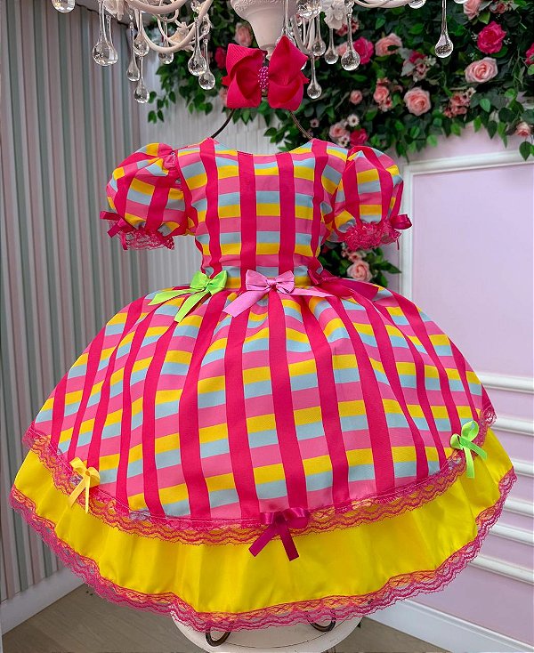 Vestido Junino Xadrez Rosa Luxo Quermesse Feliz