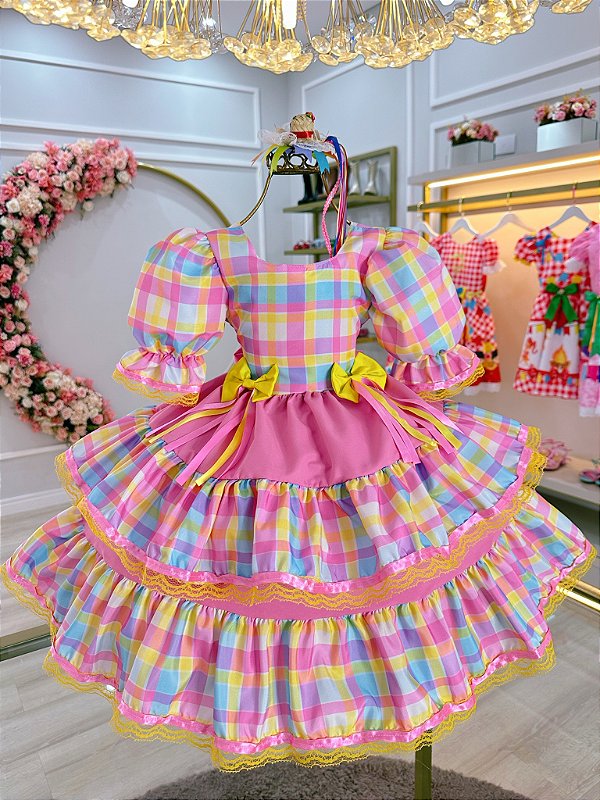 Vestido Infantil Junino Arraiá Capira Xadrez Colorido Rosa