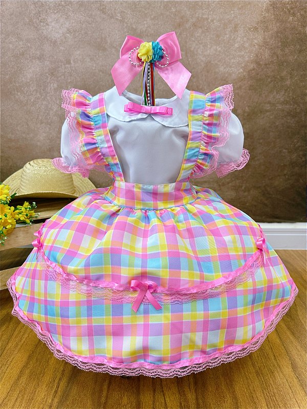 Conjunto Infantil Junino Camisa e Salopete Xadrez Rosa