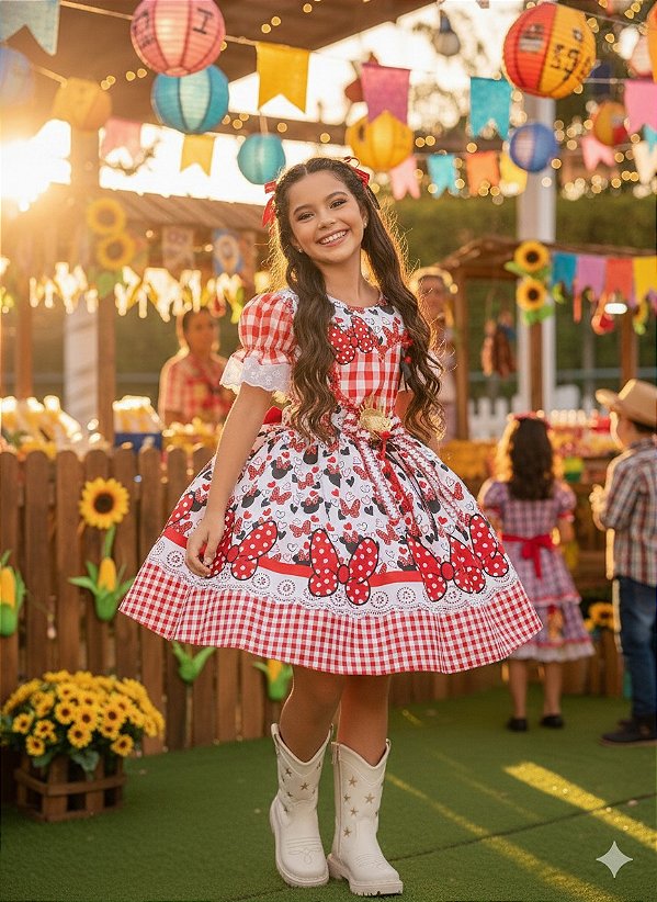 Vestido Infantil Junino Tematico Luxo Minnie Minei Vermelho