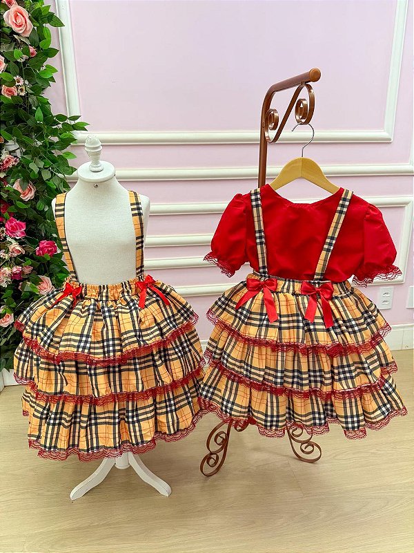 Conjunto Adulto Junino Camisa Vermelha Encanto Caipira