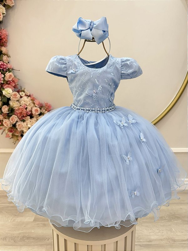 Vestido Infantil Azul Busto Renda e Borboletas Daminhas