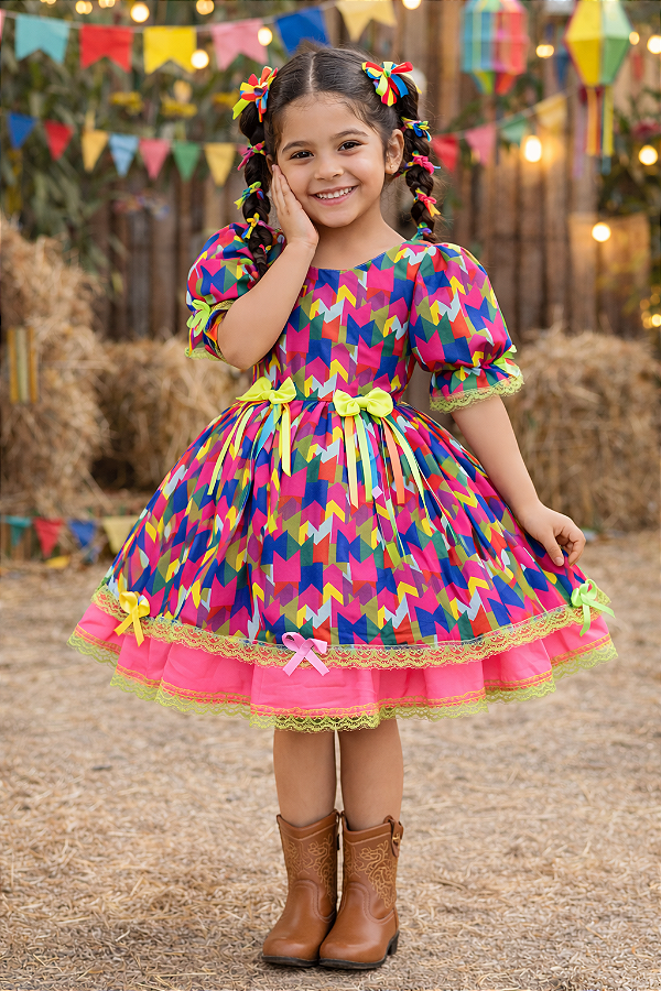 Vestido Infantil Junino Arraiá Capira Bandeirinhas Coloridas
