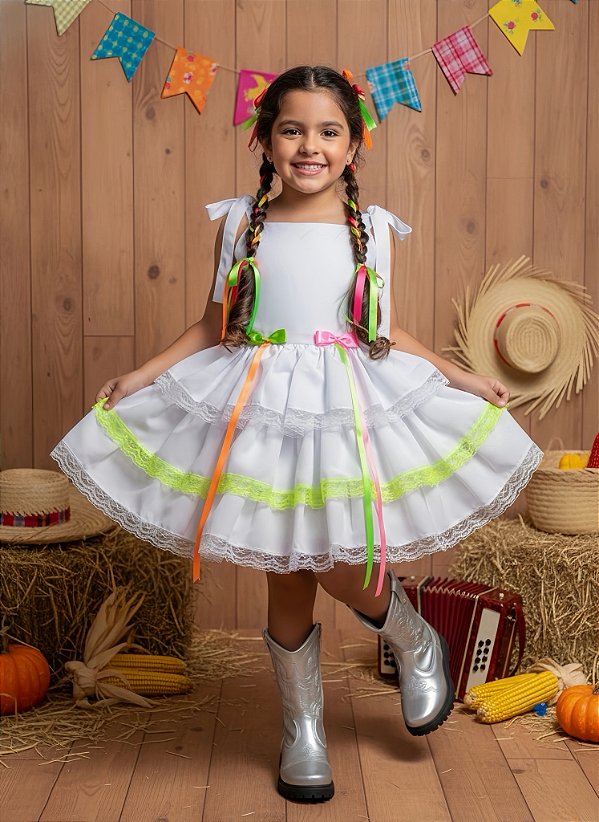 Vestido de Alça Infantil Luxo Junino Arraiá Caipira Noiva