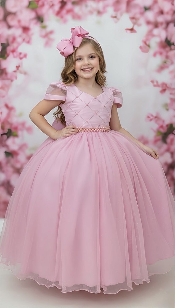 Vestido Infantil Longo Rose Busto Nervura Pérolas Damas Luxo