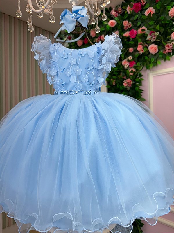Vestido Infantil Jardim Encantado Festa Azul Bebe
