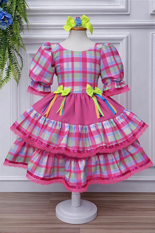 Vestido Infantil Junino Arraiá Capira Xadrez Colorido Verde