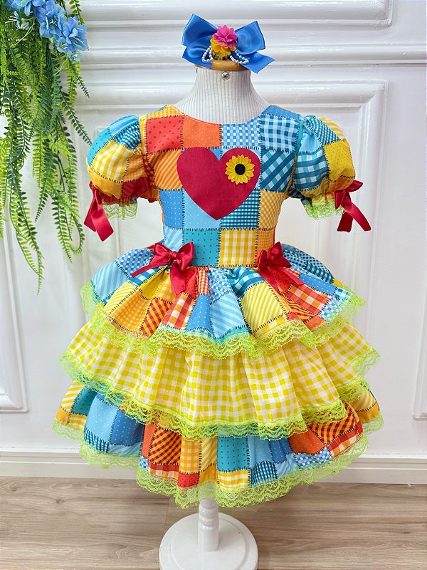 Vestido Infantil Junino Arraiá Festa Capira Xadrez Colorido