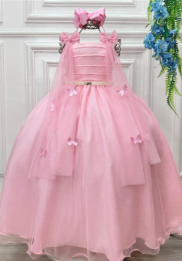 Vestido Infantil Longo Rosa Aplique Borboletas Festas Dama Luxo