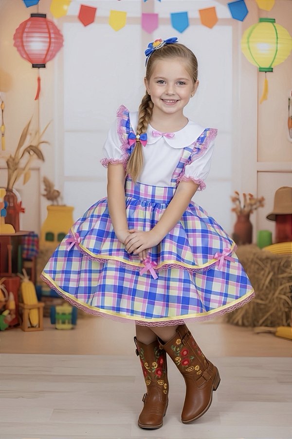 Conjunto Infantil Junino Camisa e Salopete Xadrez Rosa Azul