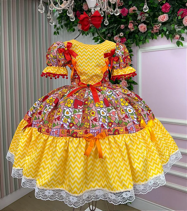 Vestido Infantil Junino Amarelo Quermesse de Luxo