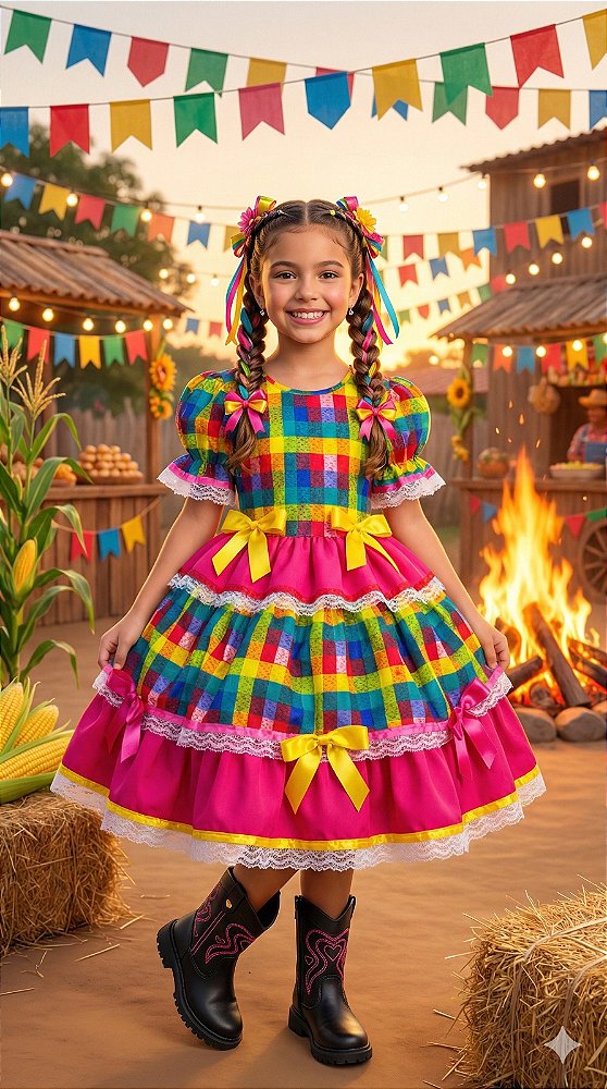 Vestido Junino Infantil Luxo Quadrilha Caipira Pink