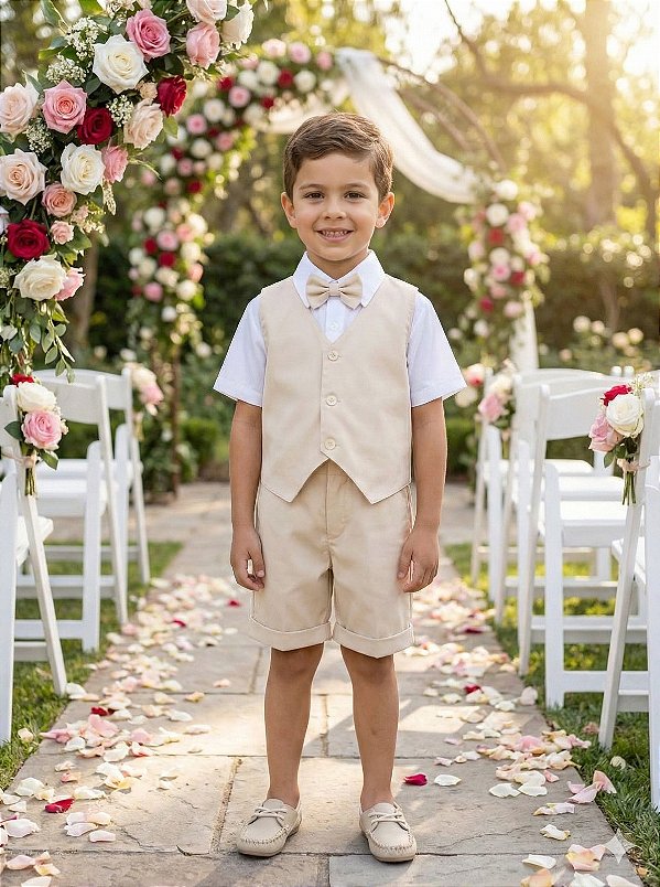 Conjunto Social Infantil Bege Colete Palha Pajem Menino