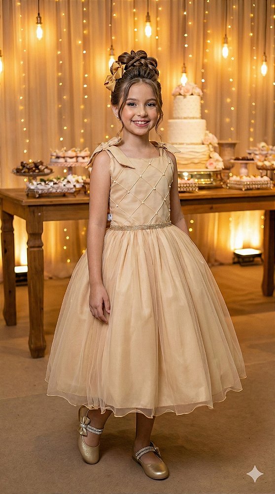 Vestido Infantil Dourado Festa Princesas Mariely