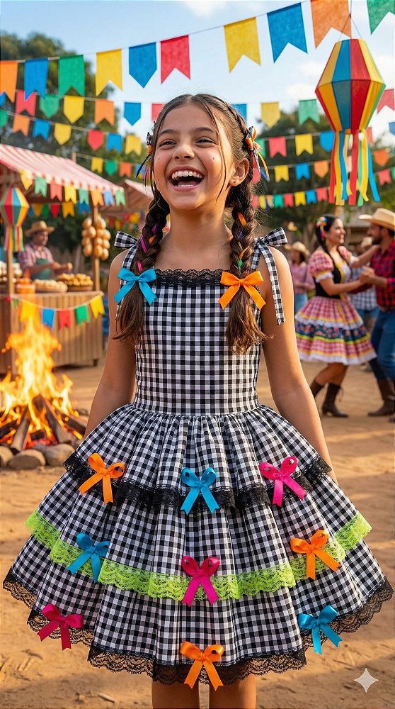 Vestido Infantil Luxo Arraia do Xadrez Preto