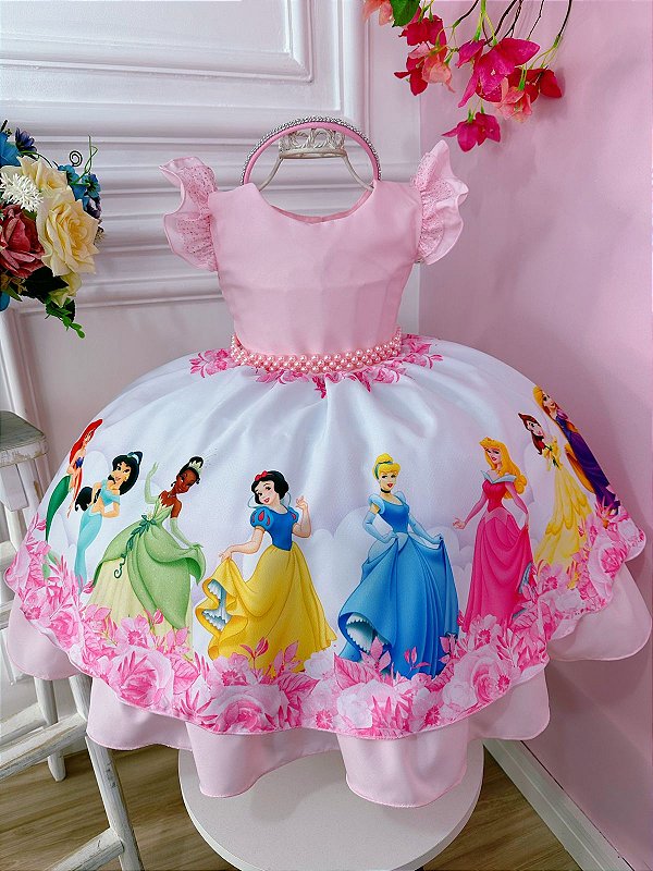 Vestido Infantil Princesas Disney Rosa Aniversário Festa Tiara
