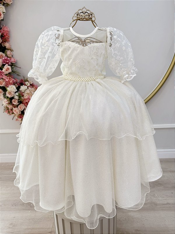 Vestido Infantil Off White Busto Renda Daminhas Festas Luxo
