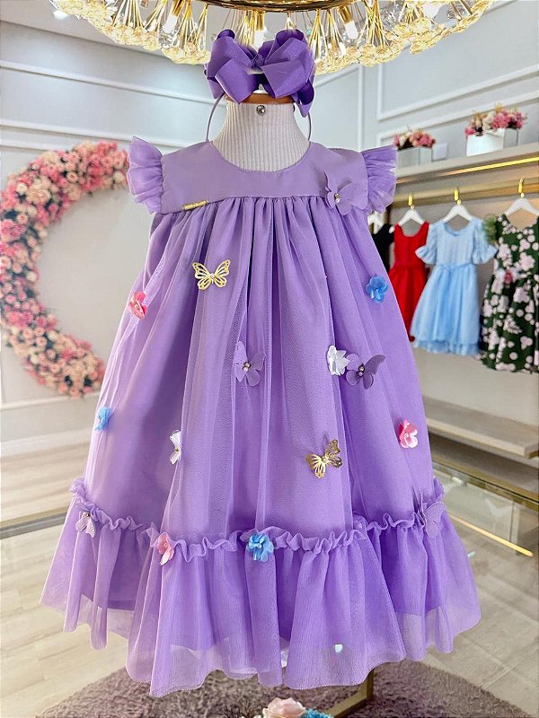 Vestido Infantil Trapézio Lilás Jardim Encantado Luxo Festa