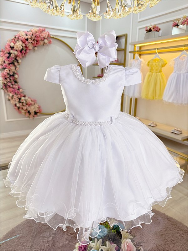 Vestido Infantil Branco Luxo com Pérolas Daminhas Festas