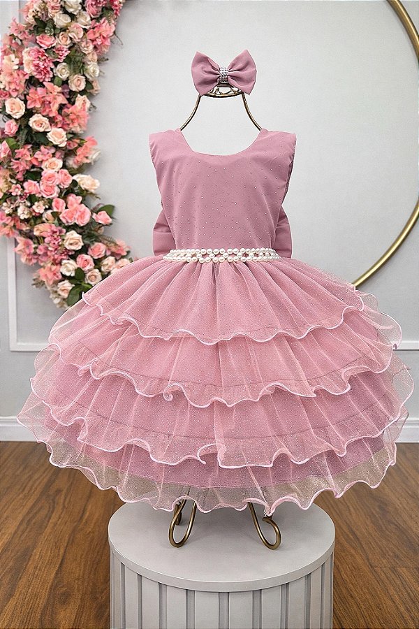 Vestido Infantil Rose Saia Babados e Glitter Daminha