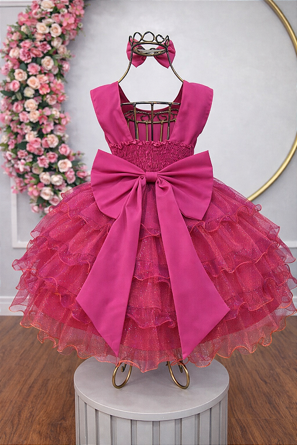 Vestido Infantil Pink Saia Babados e Glitter Festas